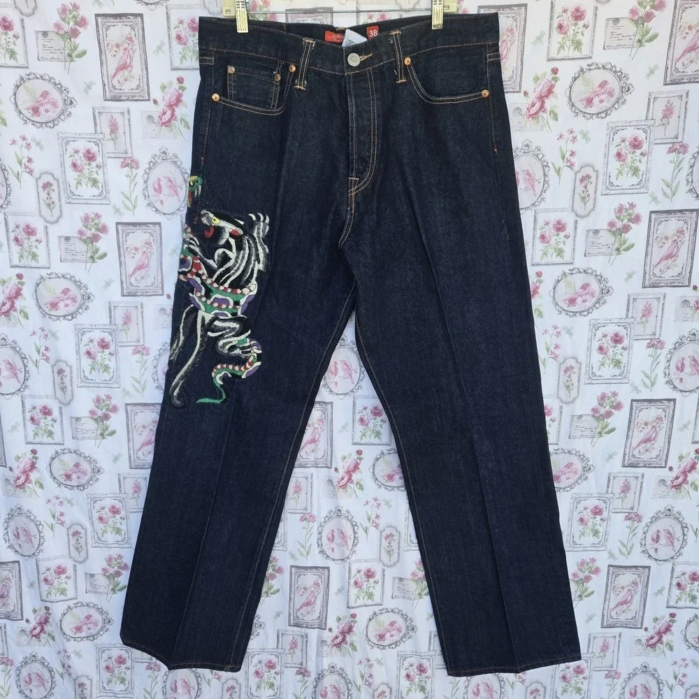 VTG Ed Hardy Christian Audigier Tiger Embroidered Baggy‎ Denim Jeans Mens 38x34